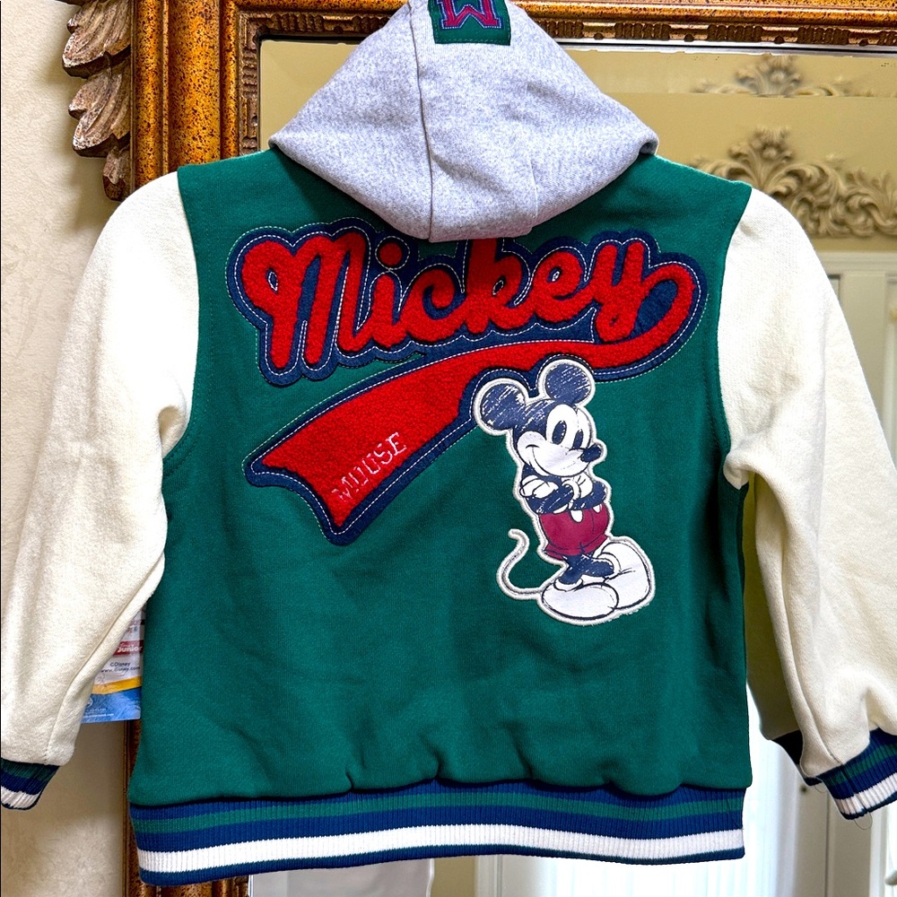 Green and White Mickey Mouse Varsity Jacket. Size 4T.